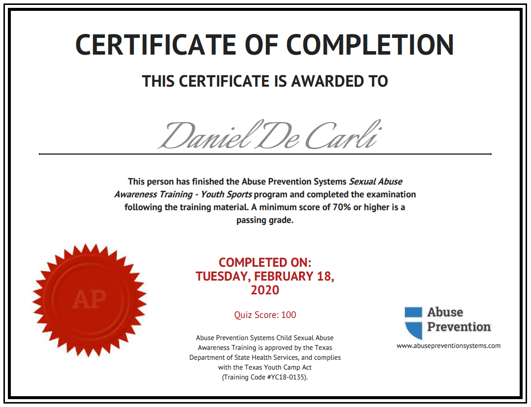 Certificate Of Completion: Sexual Abuse Awareness Training