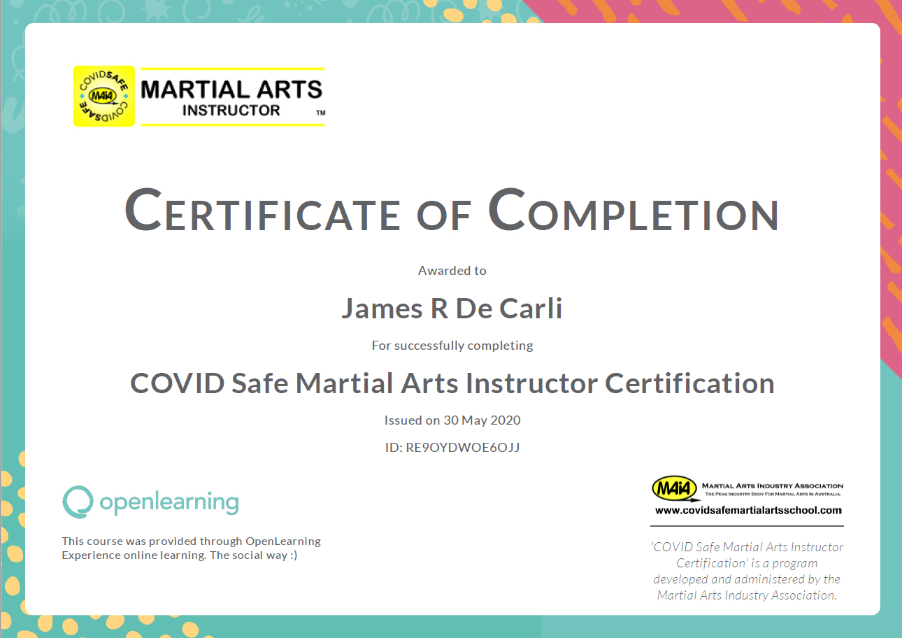 Certificate Of Completion: COVID Safe Martial Arts Instructor